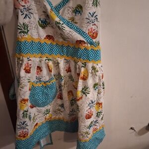 Vtg Pier 1 Apron AOP Bright Pineapple Teal Yellow Rickrack Magenta Tradwife
